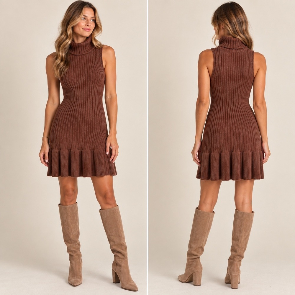 Free People Brown Ribbed Sleeveless Turtleneck Ruffle Hem Sweater Dress Size S